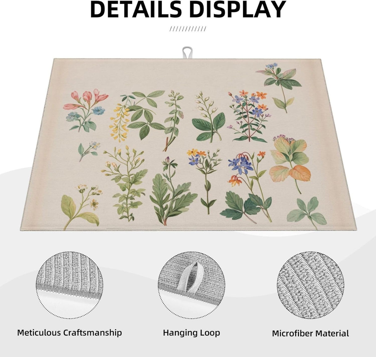 Vintage Plants Herbs Floral Dish Drying Mat Highly Absorbent Double-Sided Microfiber with Hanging