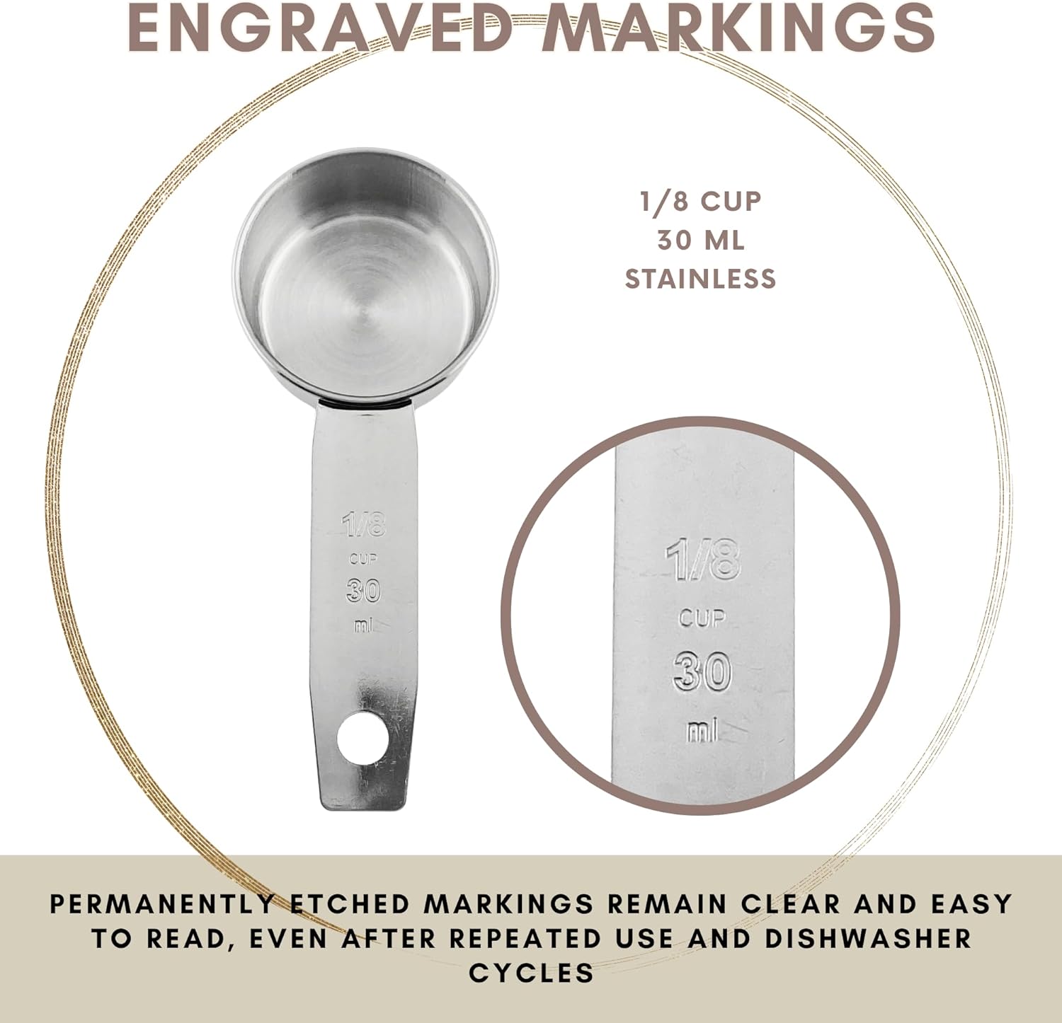 1/8 Cup Stainless Steel Measuring Cup | Sturdy Metal 30 ml | 30 cc | 1 oz | Single Cup for Wet and