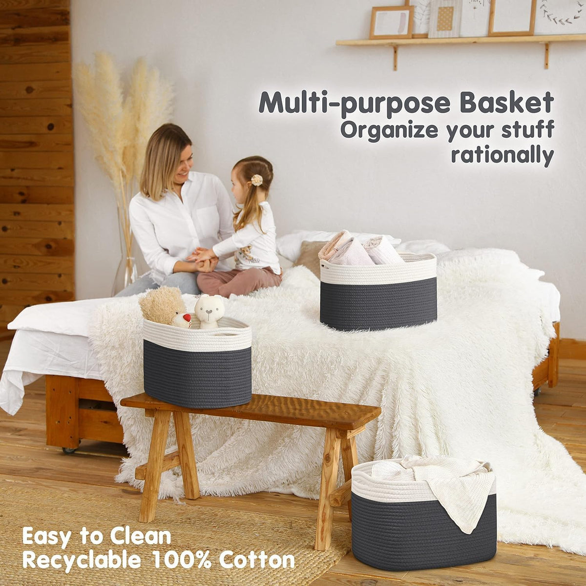 CHAT BLANC Cotton Rope Baskets for Organizing | Storage Baskets for Shelves | Rope Basket for