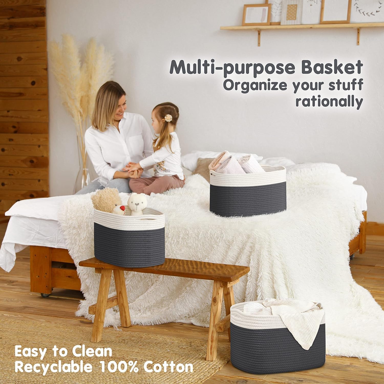 CHAT BLANC Cotton Rope Baskets for Organizing | Storage Baskets for Shelves | Rope Basket for