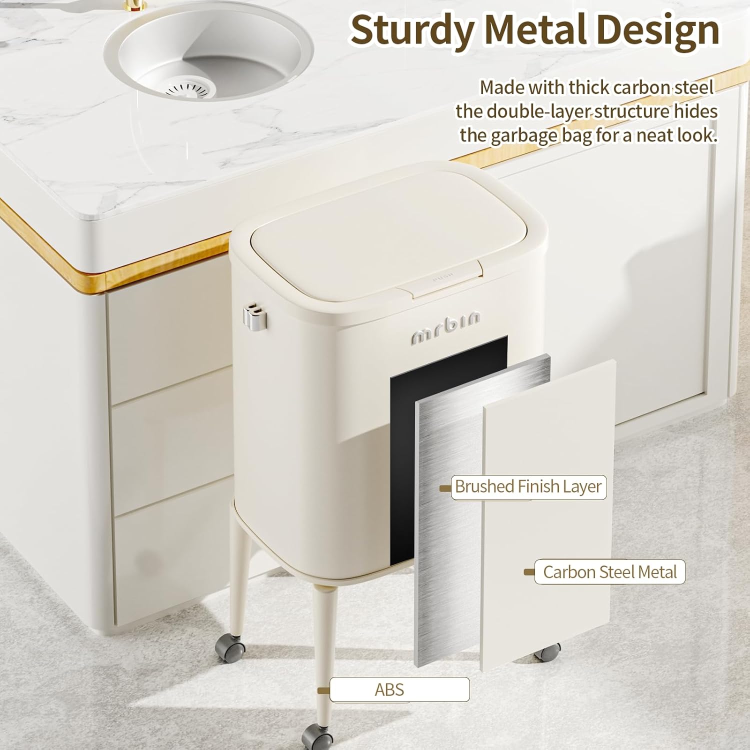 MRBIN Metal Kitchen Trash Can with Wheel Legs, 36L / 9.5gal Medium Press Lid Slim Removable Waste