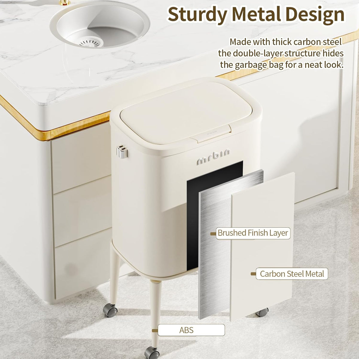 MRBIN Metal Kitchen Trash Can with Wheel Legs, 36L / 9.5gal Medium Press Lid Slim Waste Basket, Pet