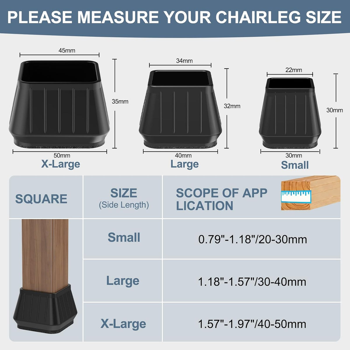 24PCS Square Chair Leg Floor Protectors for Hardwood Floors, Thicken Rubber Chair Leg Cap Covers