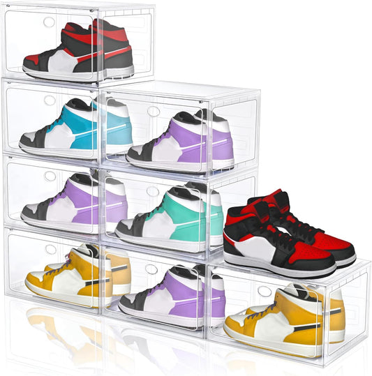 Large Shoe Boxes Clear Plastic Stackable, 8 Pack Drop Side Shoe Storage Organizer with Magnetic