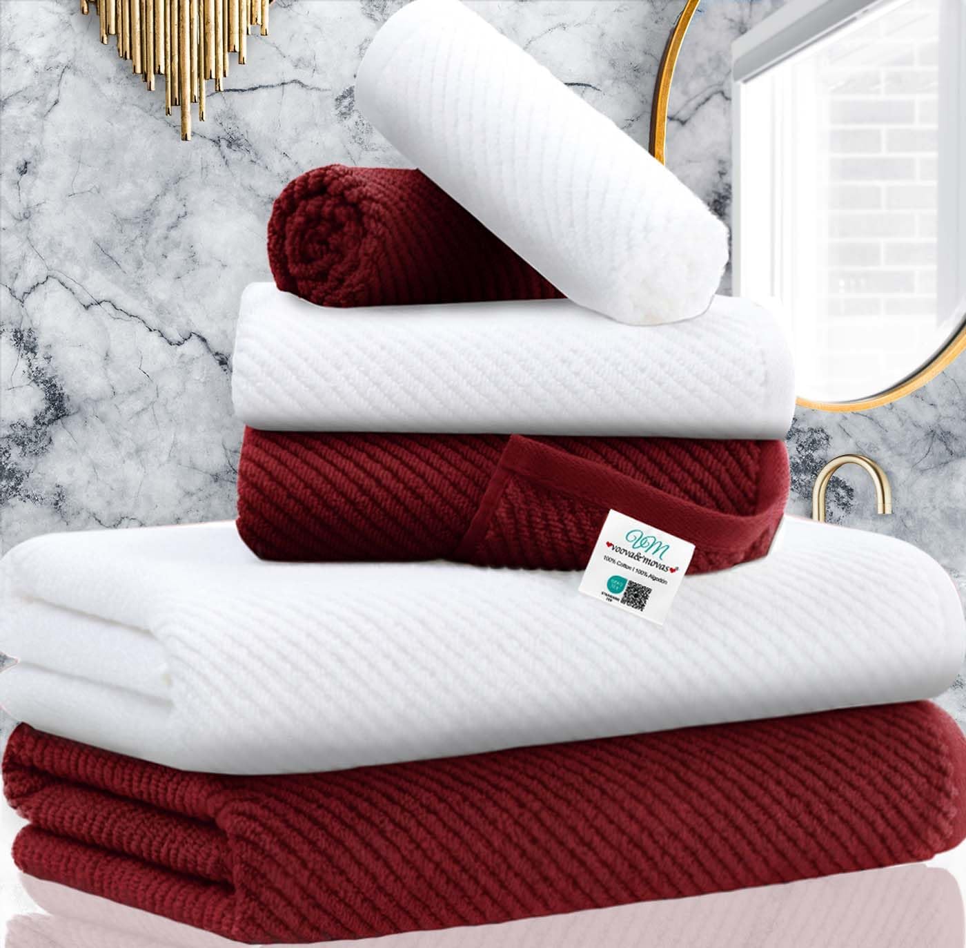 VOOVA & MOVAS Towels Bathroom Set - 100% Cotton | Quick Dry | Soft | Thick, Towel Set of 6, 2 Large
