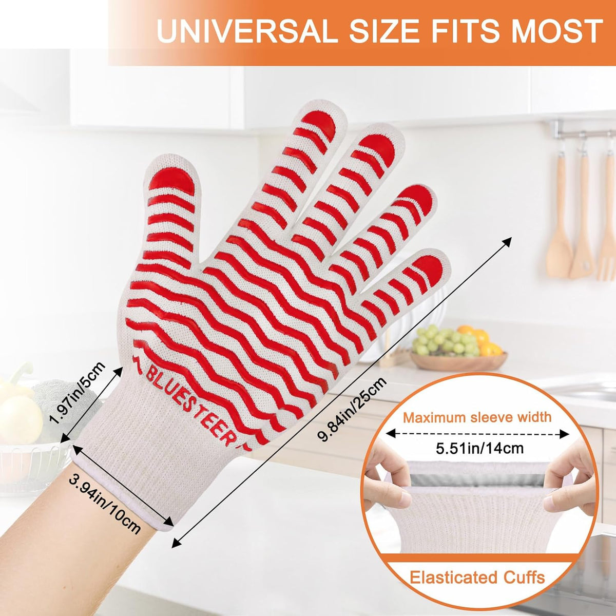 Oven Gloves 932°F Heat Resistant Oven Mitts with Fingers, Heat Proof BBQ Grill Gloves Silicone Grip