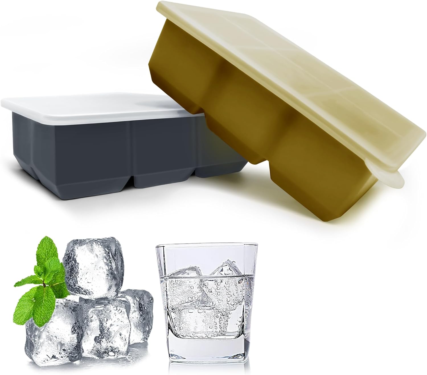Silicone Ice Cube Trays with Lids,Large Square Ice Cube Molds for Freezer, Whiskey, Cocktail