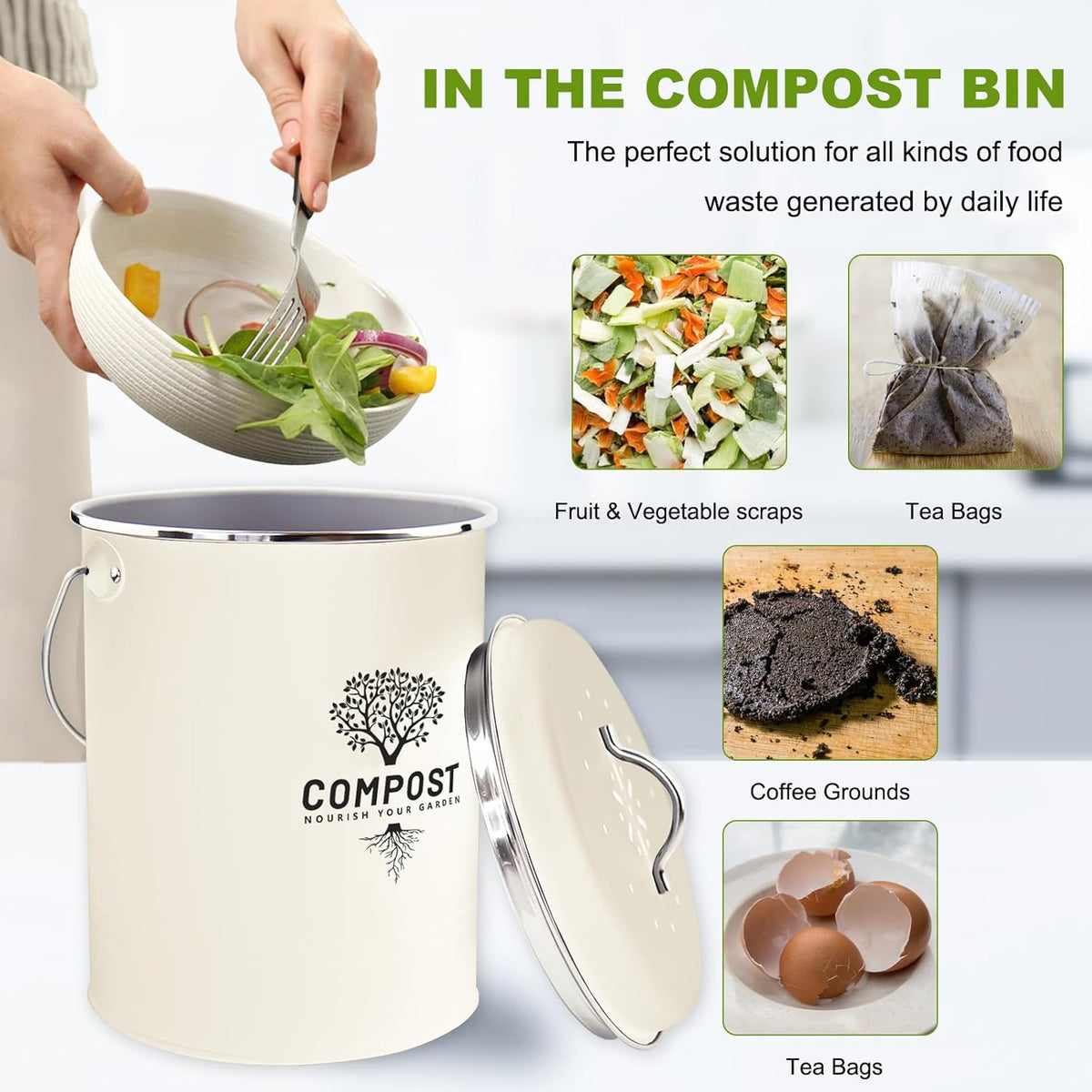 Kitchen Countertop Compost Bin, Odor Resistant Indoor Compost Bin with Lid and Charcoal Filter