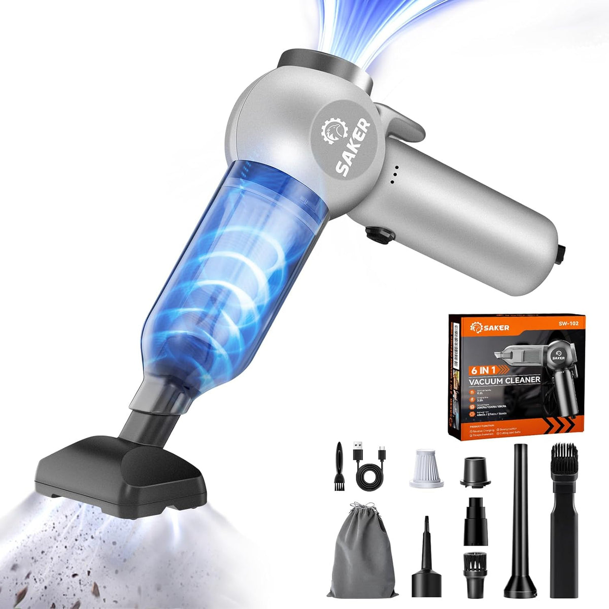 Saker Car Vacuum Portable 6-in-1 Handheld Cordless Vacuums, 20000PA Suction, 7800mAh Blower, Window