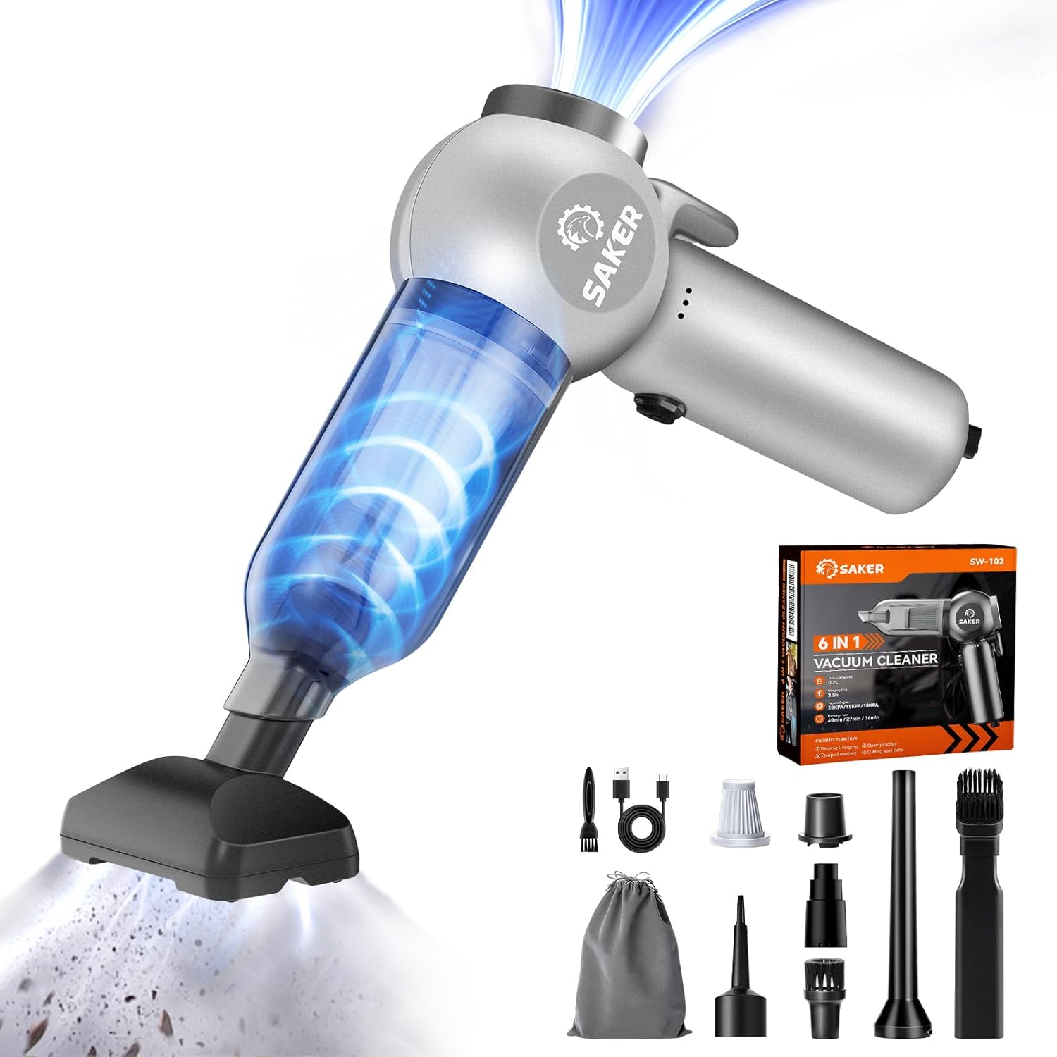 Saker Car Vacuum Portable 6-in-1 Handheld Cordless Vacuums, 20000PA Suction, 7800mAh Blower, Window