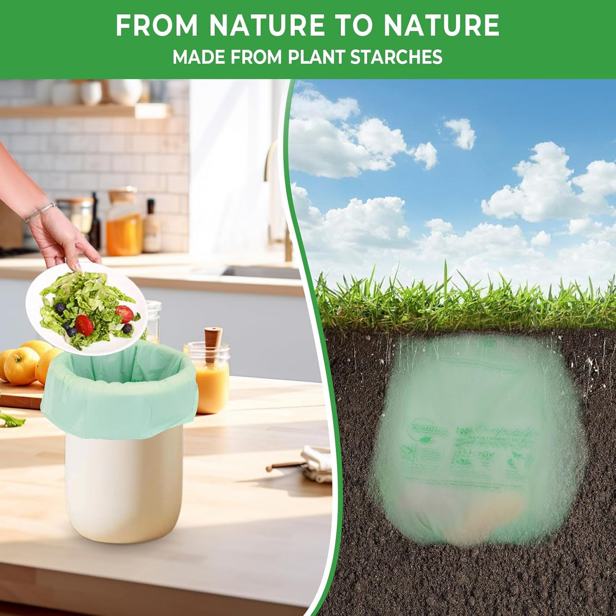 Compostable Trash Bags, 3-4 Gallon, 15 L, Extra Thick 0.8 Mil, Small Kitchen Food Scrap Waste Bags