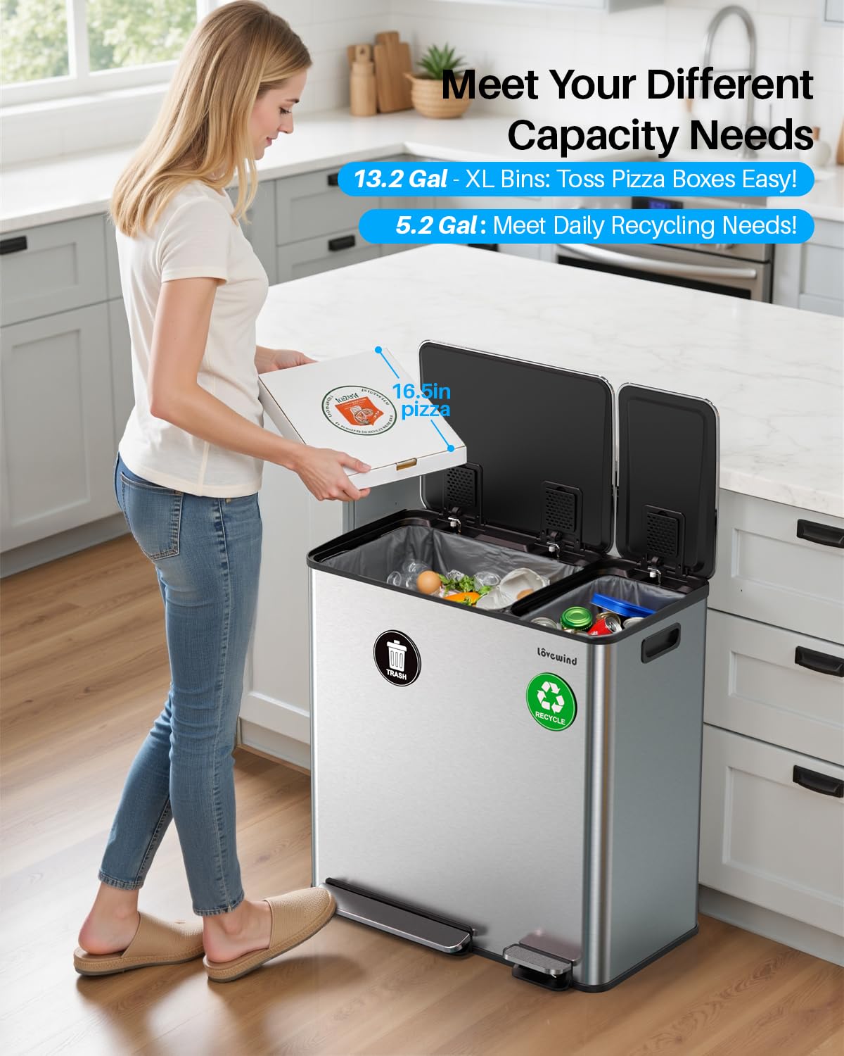 Dual Trash and Recycling Bins for Kitchen, 13.2 + 5.2 Gal (50+20L) Stainless Steel Trash and