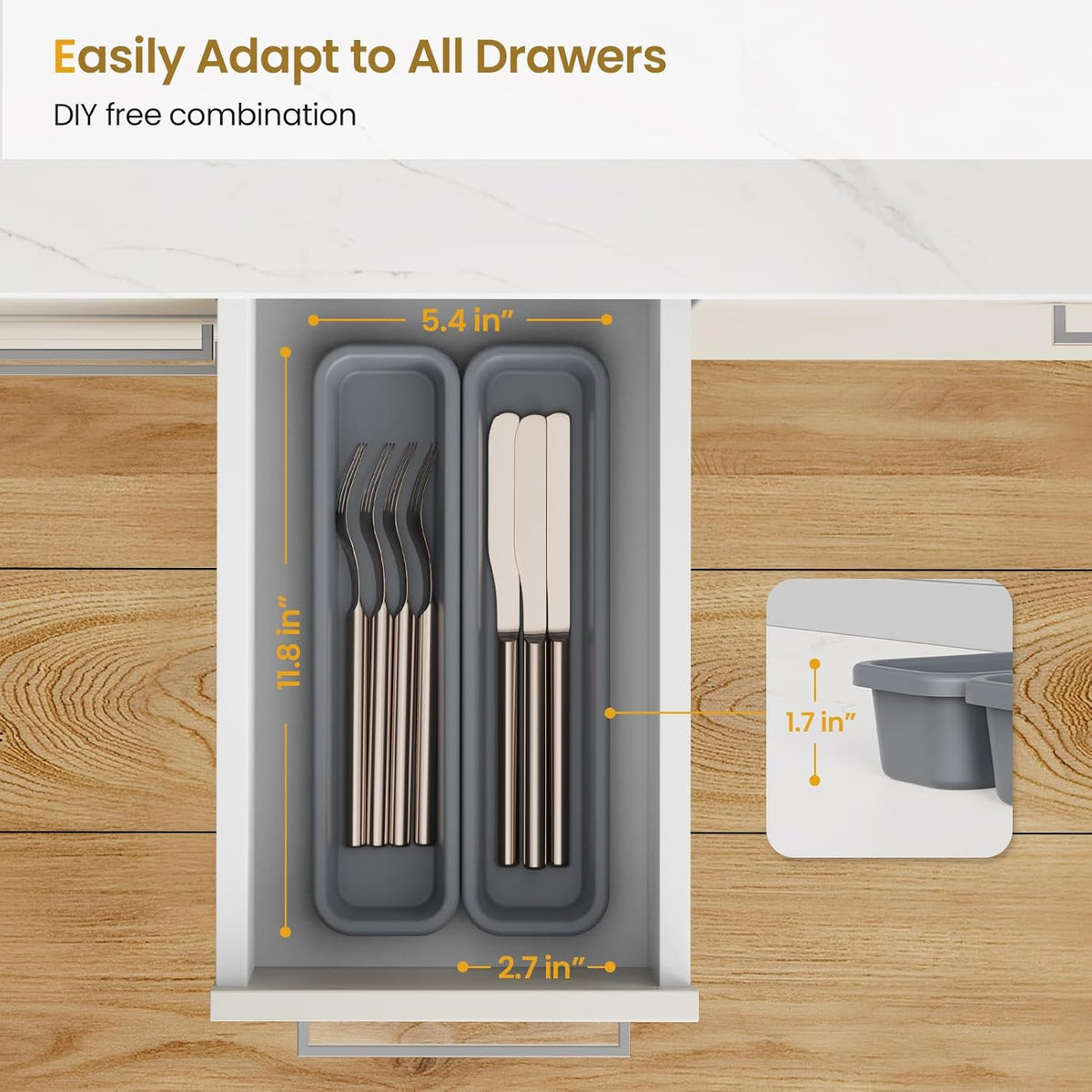 2 Pack Silicone Silverware Drawer Organizer, DIY Free Combination Kitchen Drawer Organizer, Utensil
