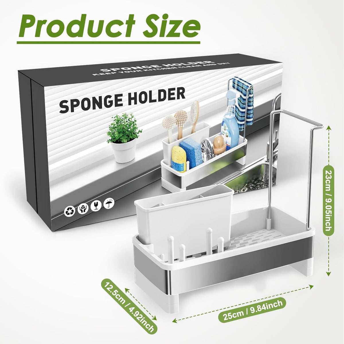 Stainless Steel Sink Caddy, Sponge Holder for Kitchen Sink with Brush Holder & Dishcloth Rack