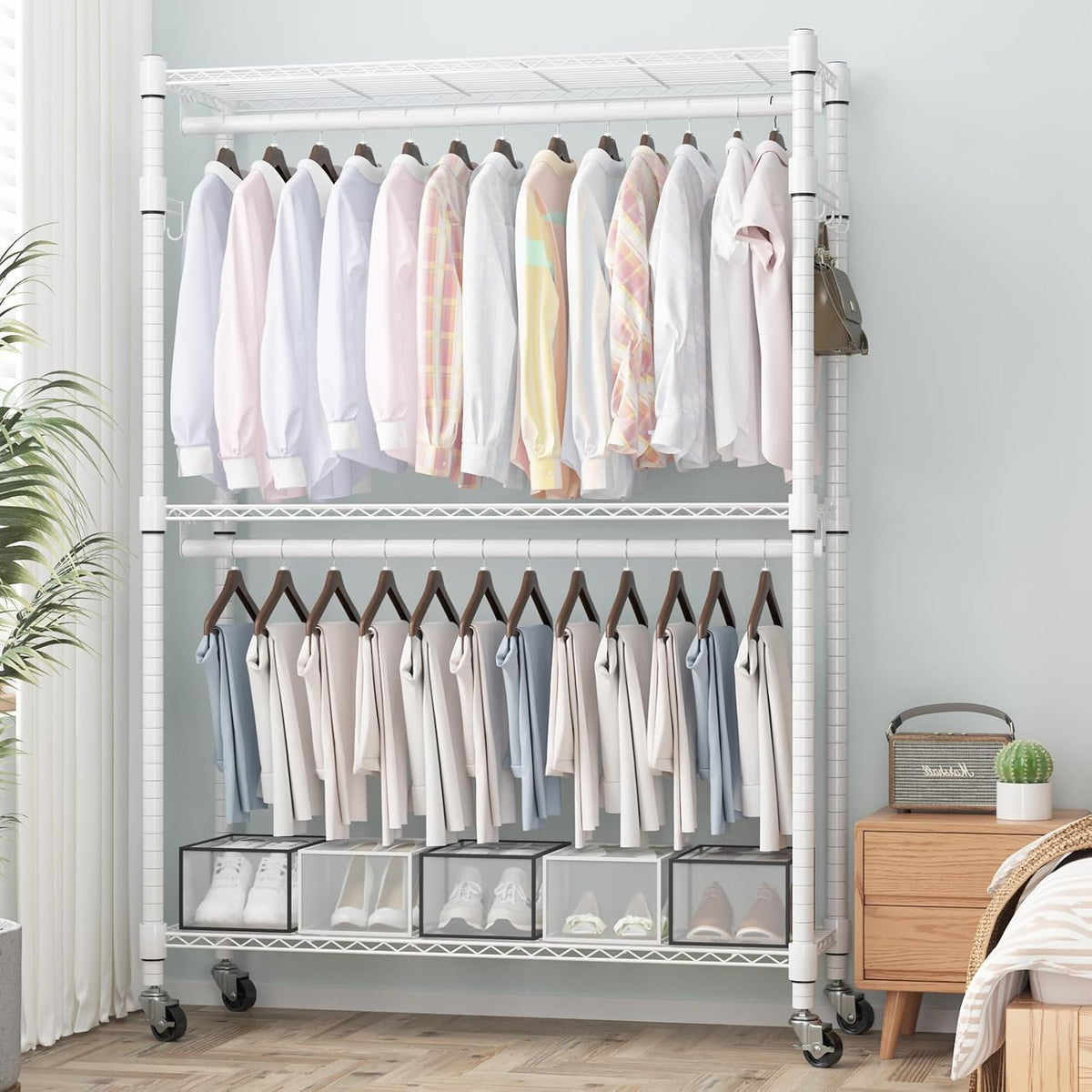 Homdox 3 Tier Heavy Duty Garment Rack with Wheels, Adjustable Wire Clothes Rack with Double Hanging