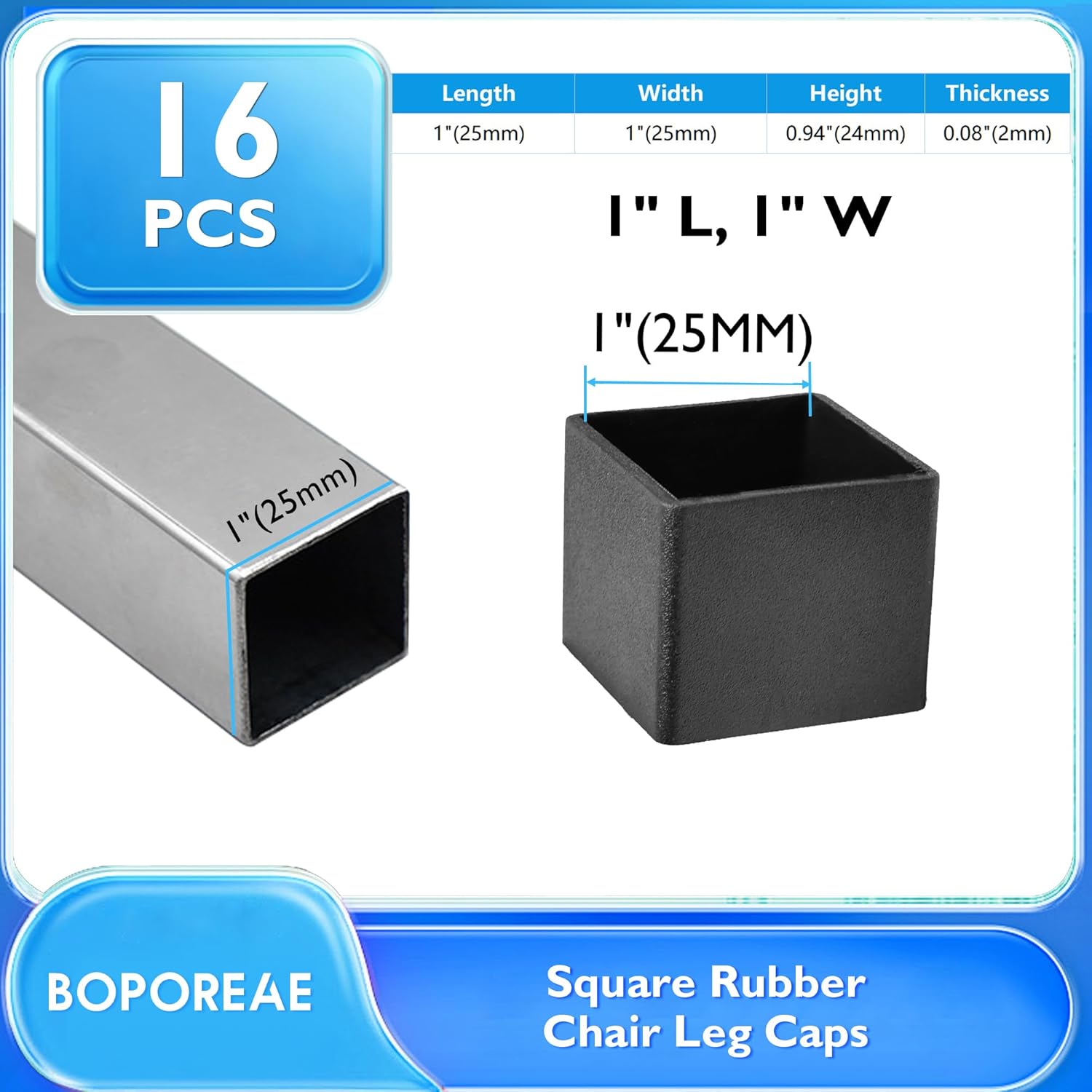 16 Pcs 1" x 1" Square Rubber Chair Leg Caps, PVC Table Leg Covers, Flexible & Anti-Slip Furniture