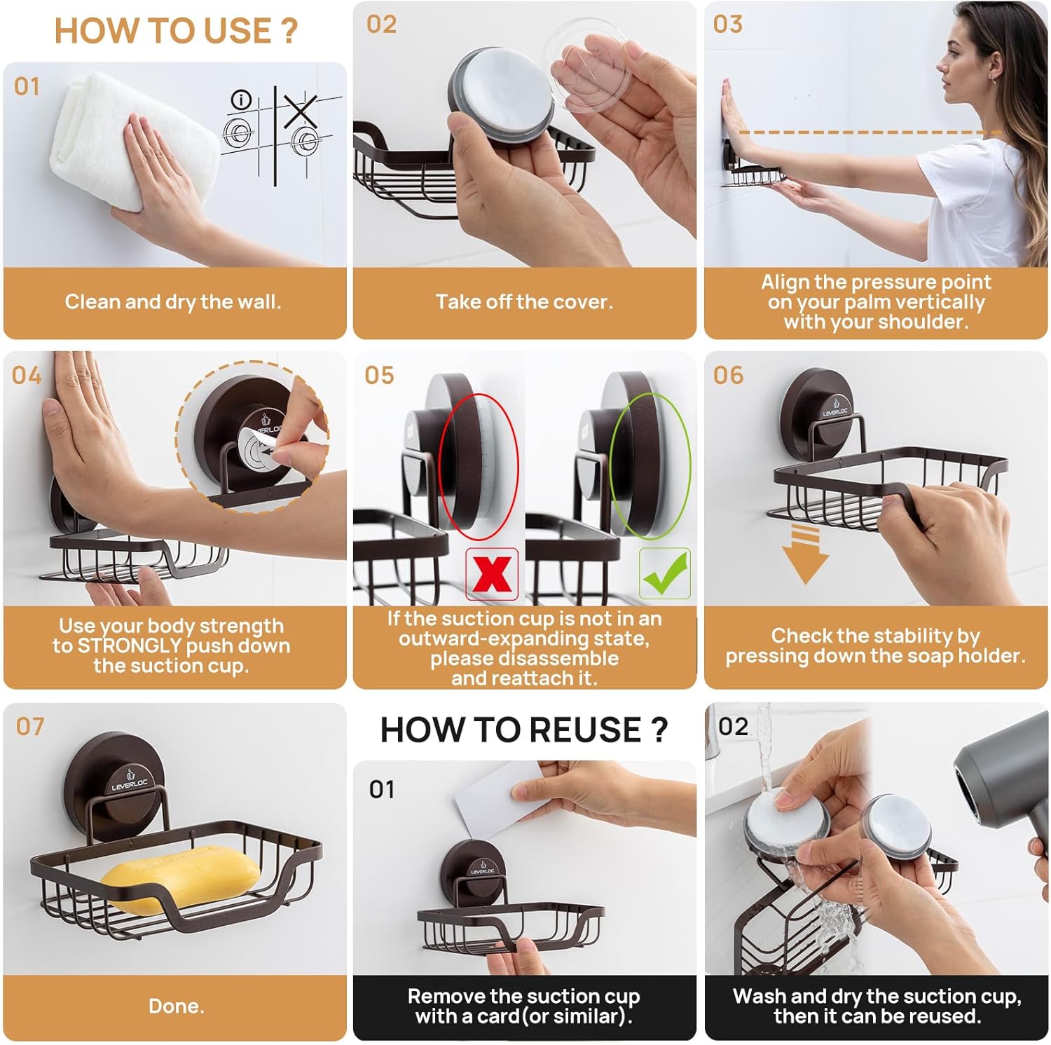 LEVERLOC Soap Dish, Soap Bar Holder for Shower Suction Cup Wall Mounted, Stainless Steel