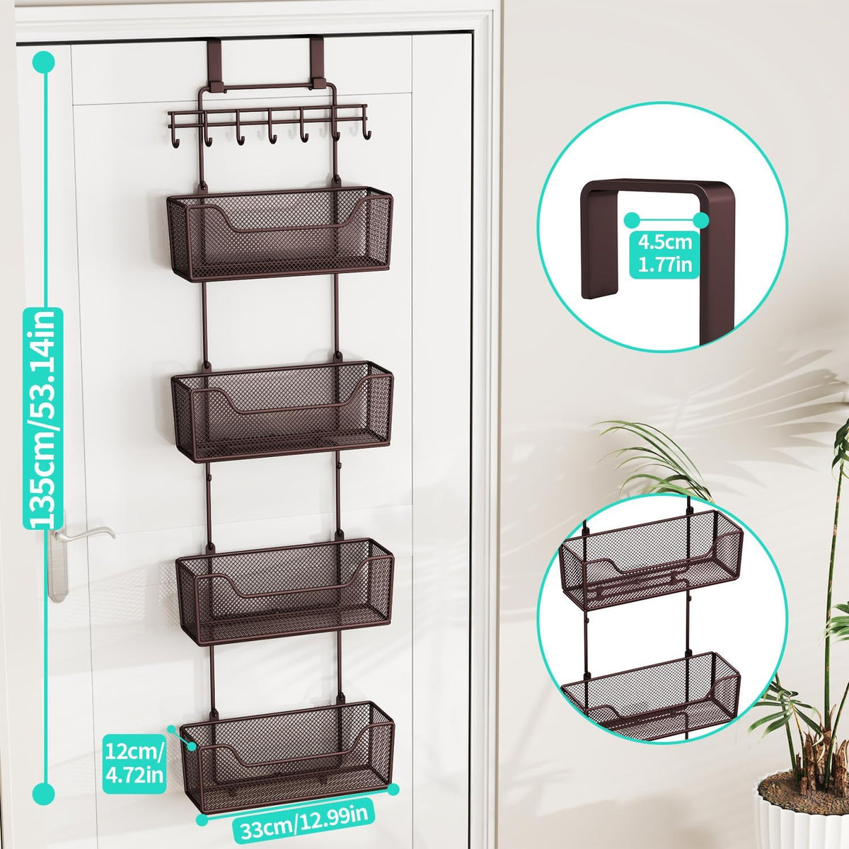 HapiRm Over The Door Organizer - Hanging Door Organizer with 4 Metal Large Capacity Baskets and