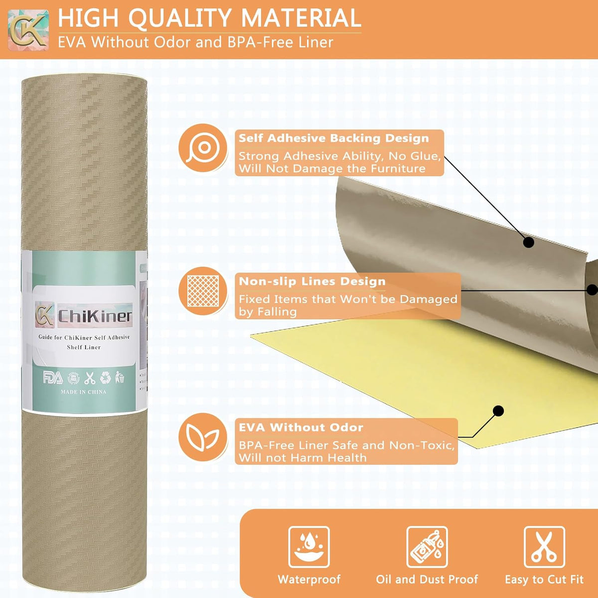 Self-Adhesive Shelf Liner Kitchen Liner, Waterproof Backed Paper Easy Peel and Stick Contact Liner