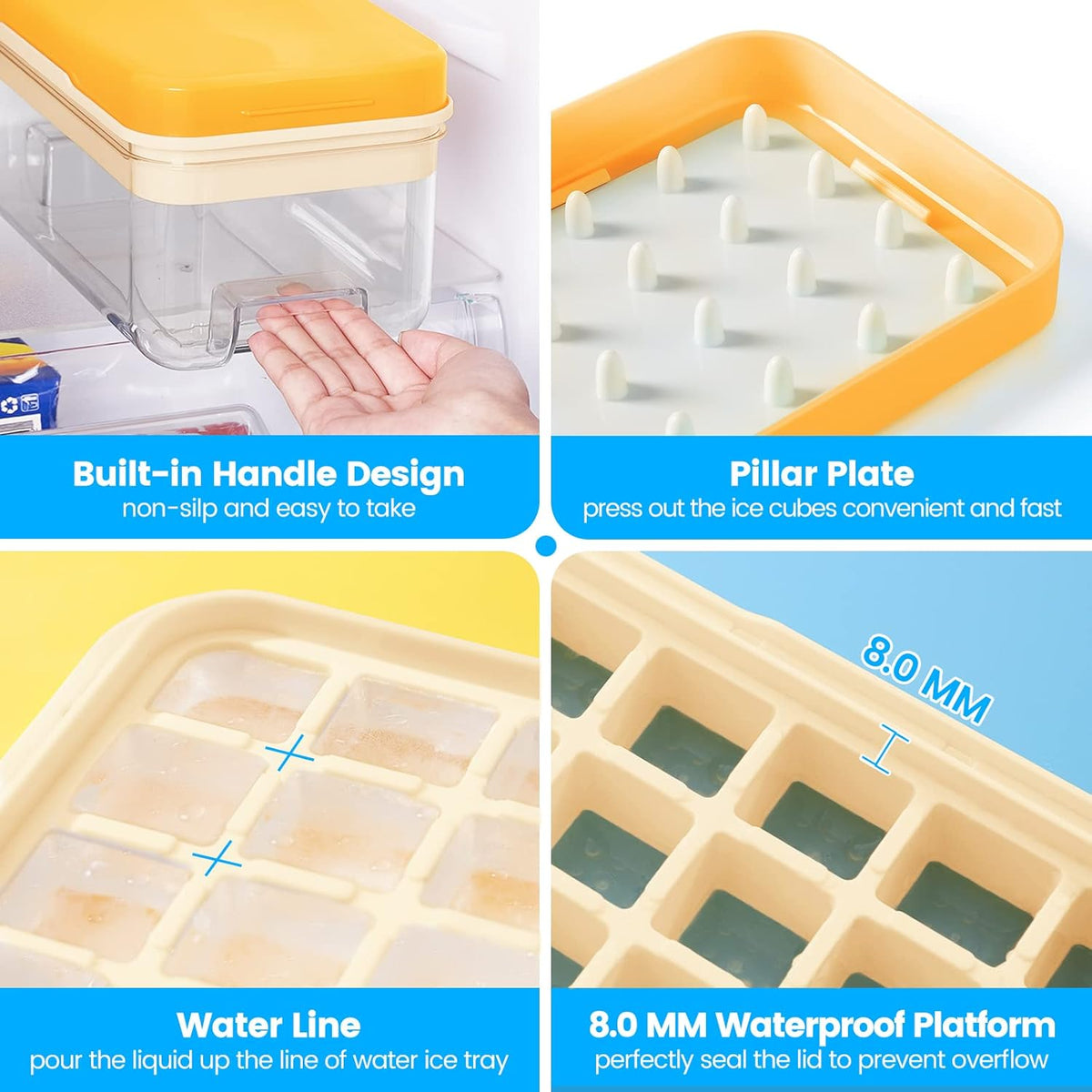 PHINOX Ice Cube Tray with Lid and Bin, 3 Pack Plastic Ice Cube Tray Molds, 96(4 * 8 * 3) pcs Ice