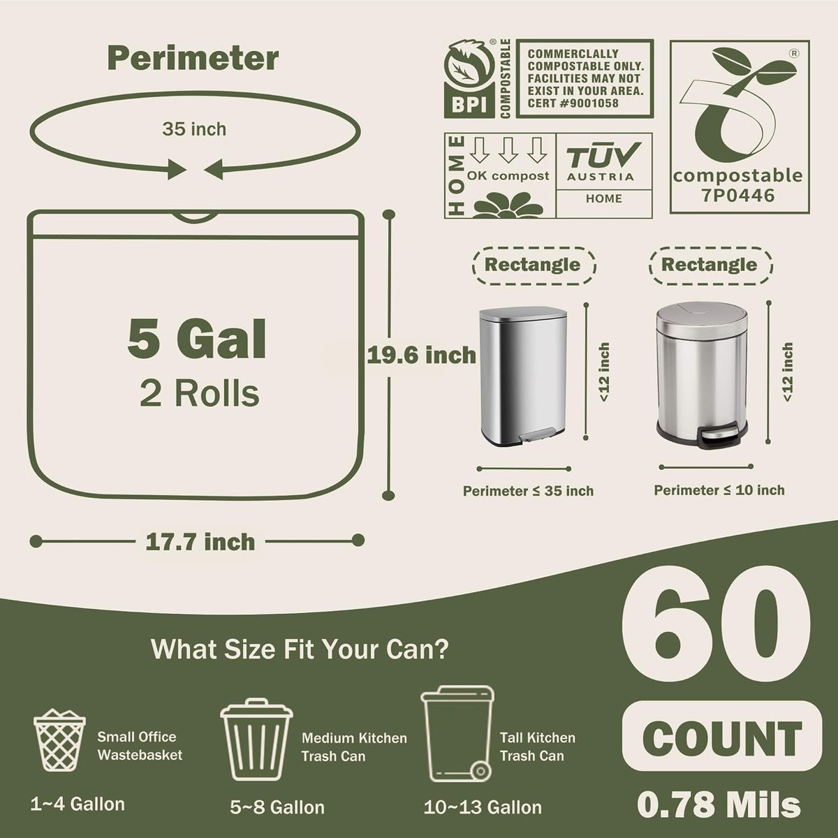 Compost Bags 5 Gallon with Drawstring Tear Off 20 Liter Extra Thick 0.78 Mils Compostable Food