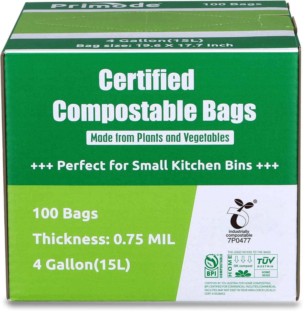 Primode 100% Compostable Bags, 4 Gallon (15L) Food Scraps Yard Waste Bags, Extra Thick 0.75 Mil.