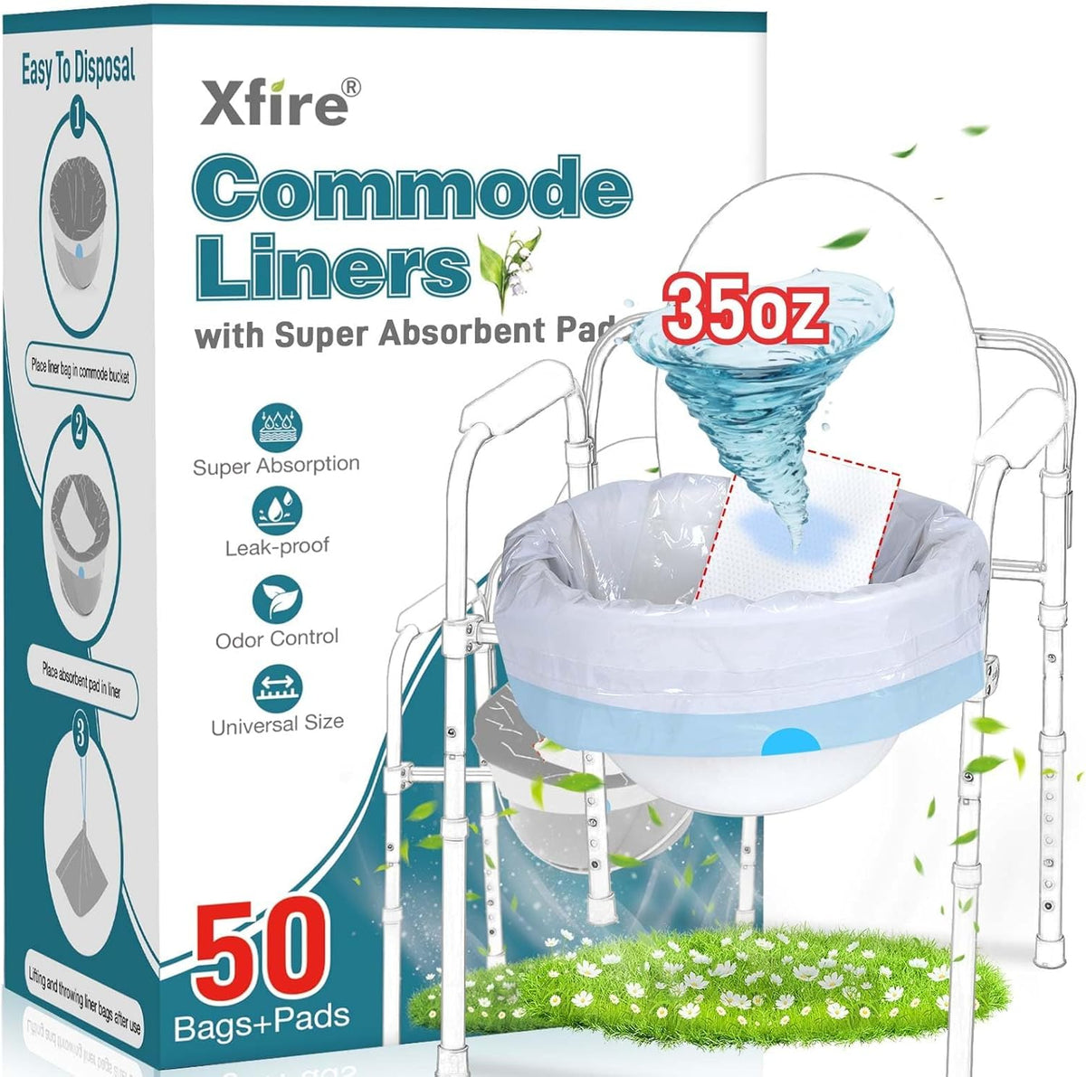 Commode Liners with Absorbent Pads- 50 Commode Bags+ 50 Commode Pads, Extra Thicken Commode Toilet