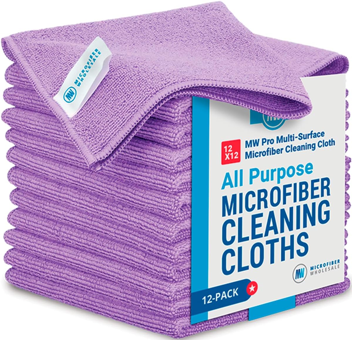 12" x 12" Pro Multi-Surface Microfiber Cleaning Cloths | Purple - 12 Pack | Premium Microfiber