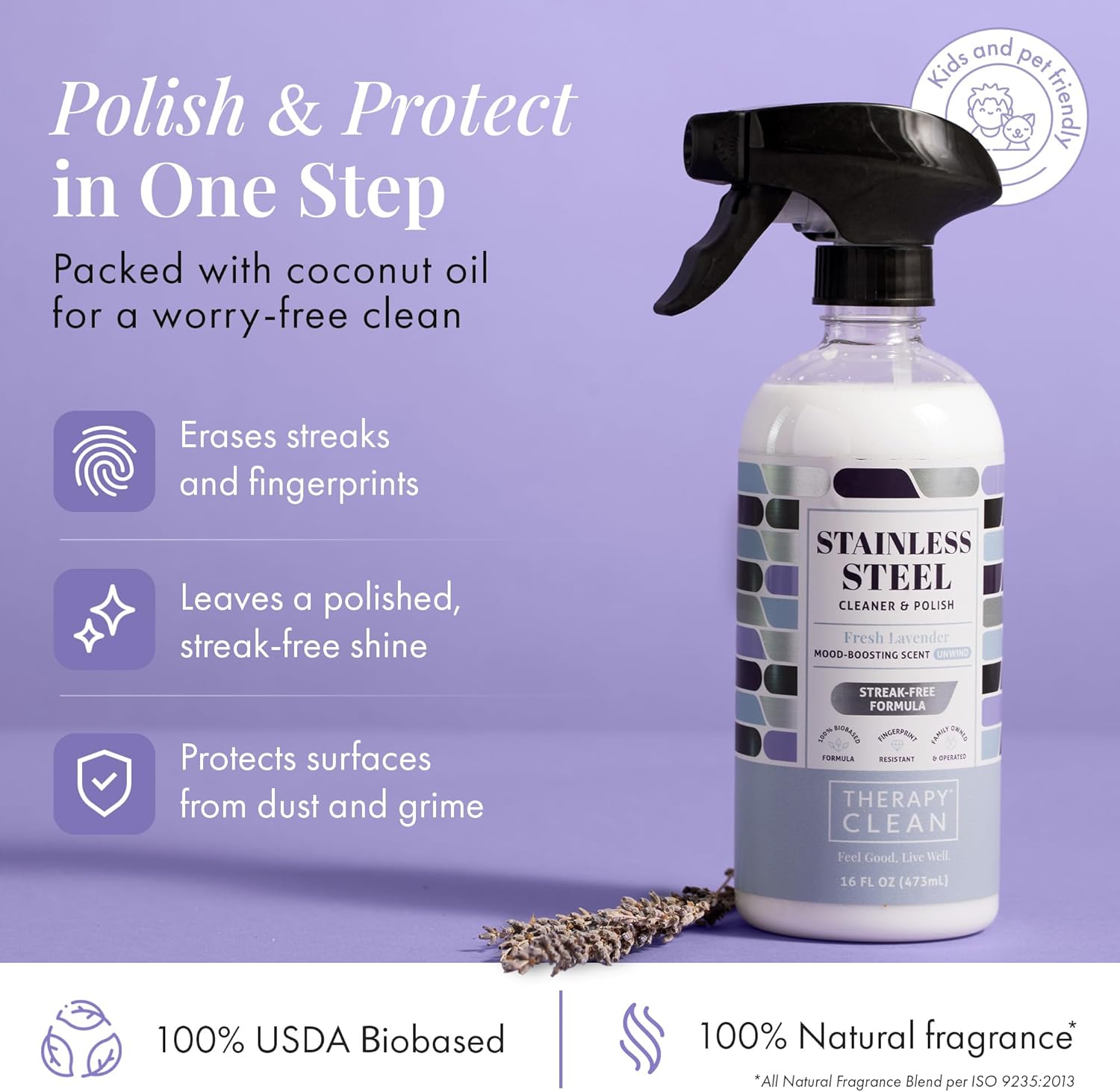 Therapy Stainless Steel Cleaner and Polish 100% USDA Biobased, Fingerprint and Residue Remover