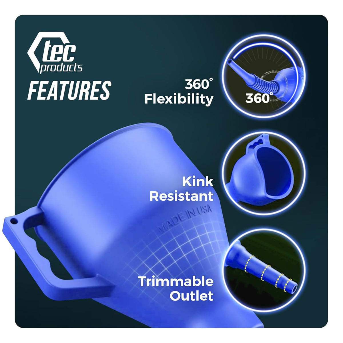 TEC Products FlexAll Long Flexible Funnel for Automotive Use - Durable Nitrile Rubber - Ideal for