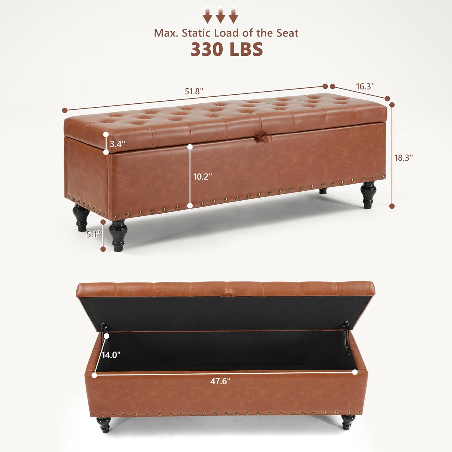 50" Storage Ottoman Bench, Tufted Ottoman with Storage for Living Room, Large End of Bed Ottomans