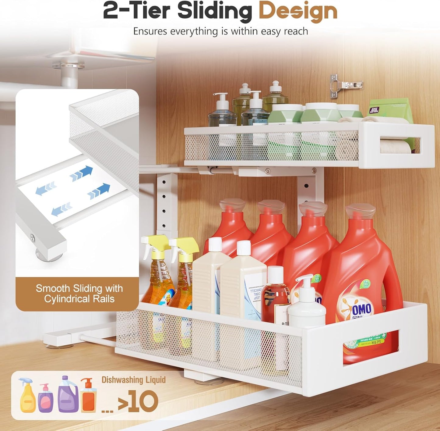 2-Pack Under Sink Storage Organizer, Large 2-Tier Elegant Mesh Pull Out Shelf for Kitchen and