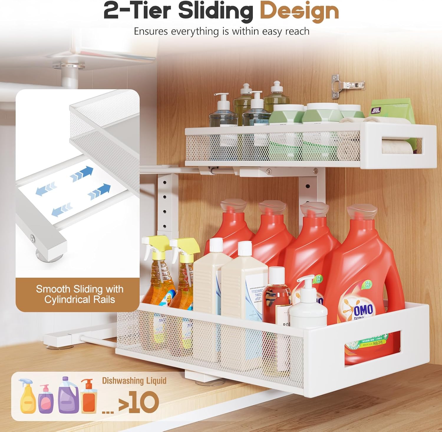 2-Pack Under Sink Storage Organizer, Large 2-Tier Elegant Mesh Pull Out Shelf for Kitchen and