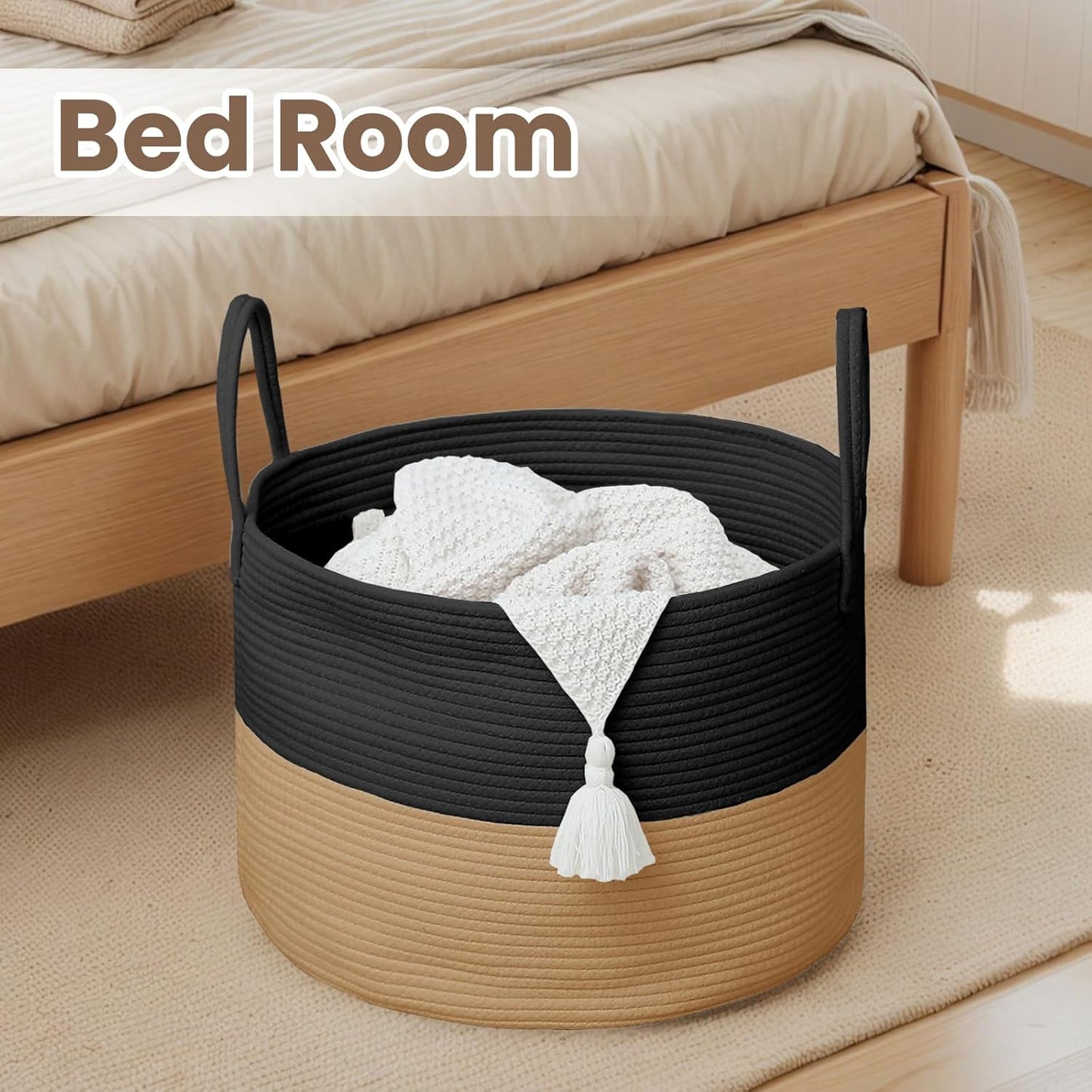 Woven Blanket Basket,115L Large Rope Storage Bin with Handles, Organizer for Blankets Toys Book and