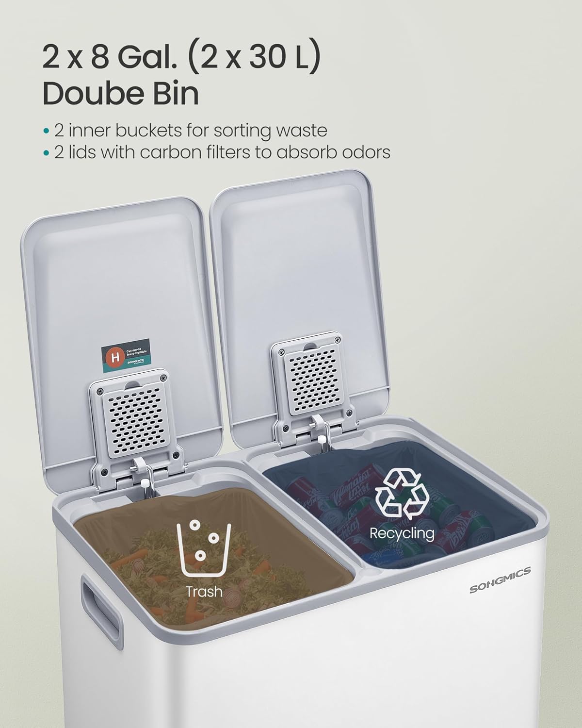 SONGMICS Trash Can, 2 x 8 Gallon (2 x 30 L) Dual-Compartment Garbage Can with Soft-Close Lid, Pedal