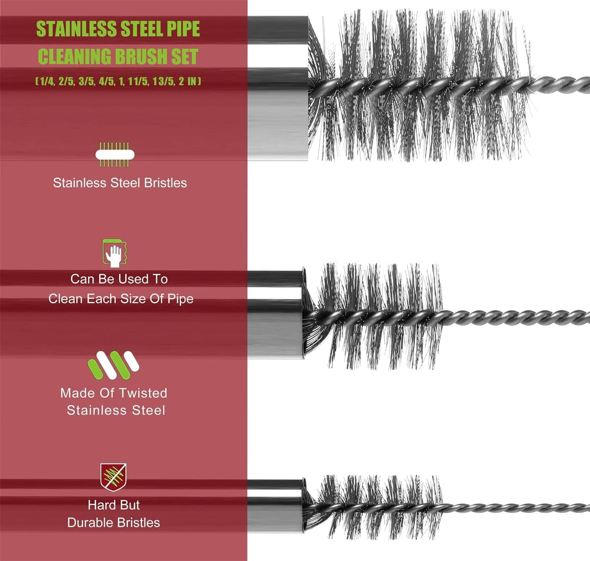 Pipe Cleaning Brush Set Stainless Steel Bristles, Stainless Steel Pipe Brush Steel Bottle Brush 9
