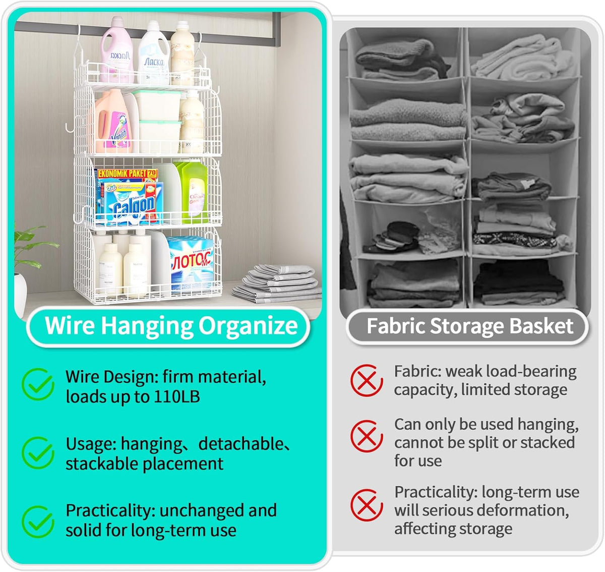 HapiRm Hanging Closet Organizer Storage - 3 Tier Metal Stackable Hanging Closet Shelves with