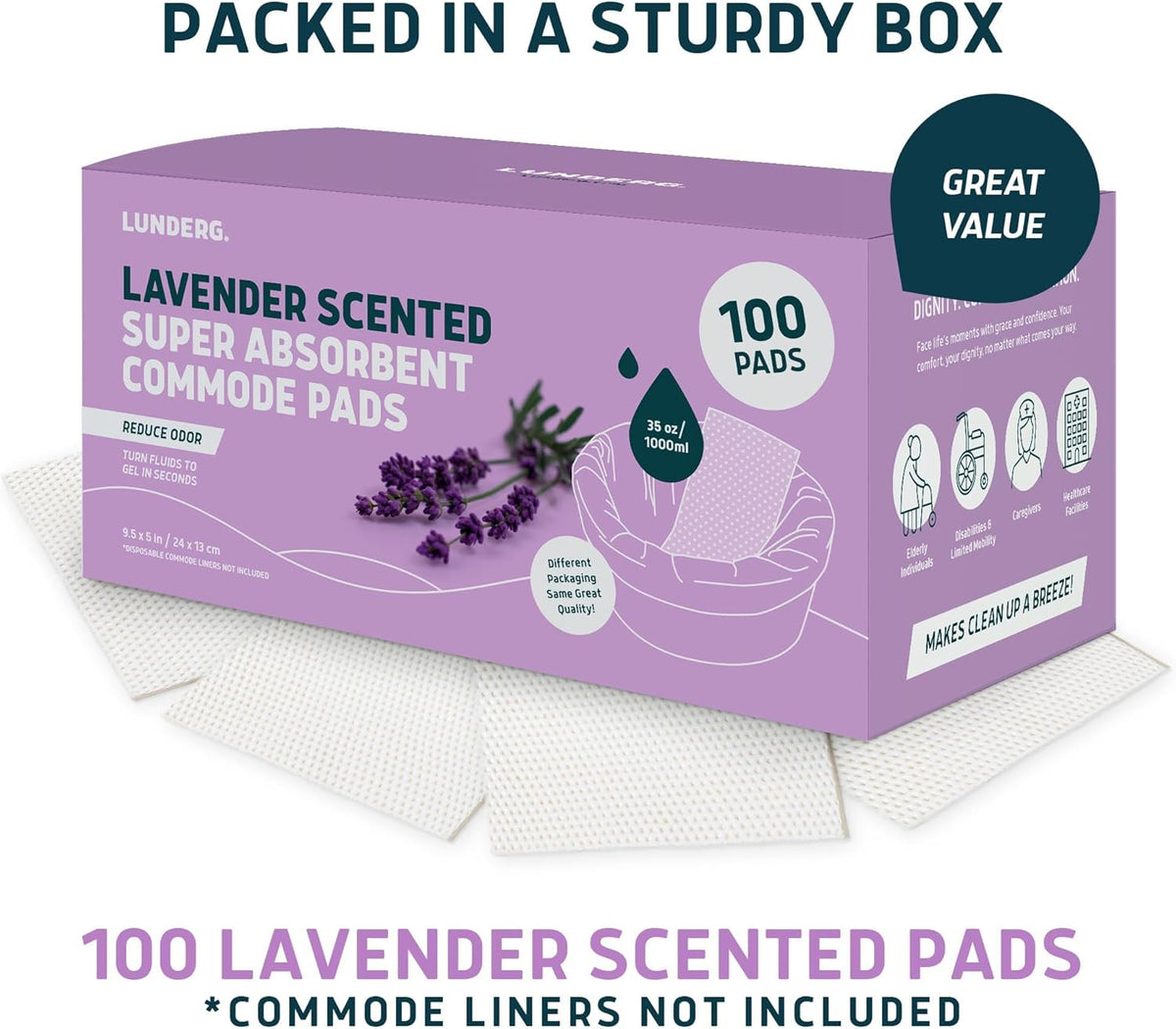 Lunderg Lavender Scented Super Absorbent Commode Pads - Medical Grade Value Pack 100 Count - for