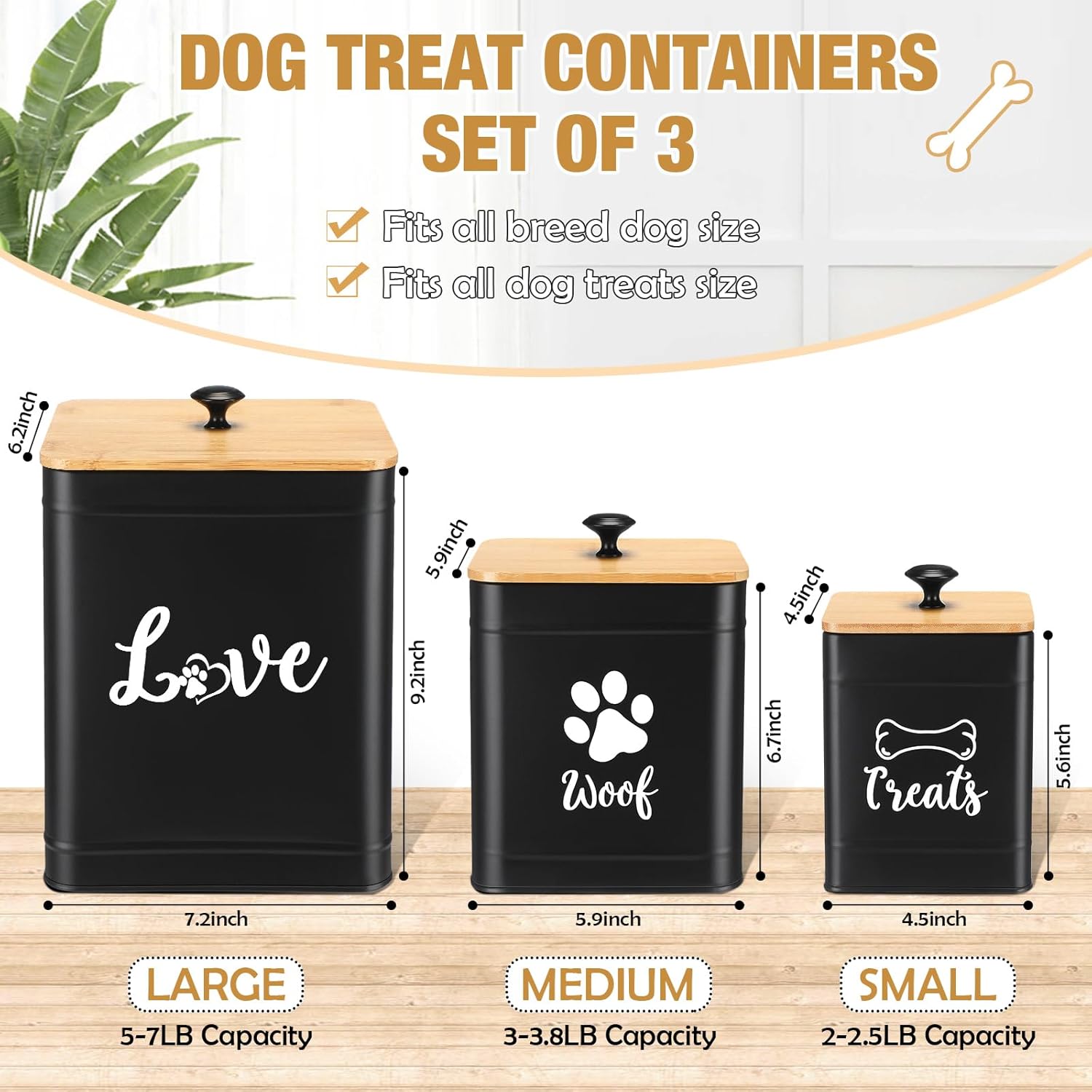 Metal Dog Treat Containers Set of 3 with Bamboo Lids and Spoon Airtight 7+3+2 lbs Dog Food Snack
