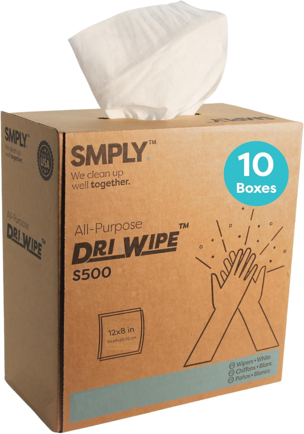 Dri-Wipe S500 by SMPLY Brands – All-Purpose Disposable Wipes, 10 Boxes of 176 (1,760 Total Wipes)
