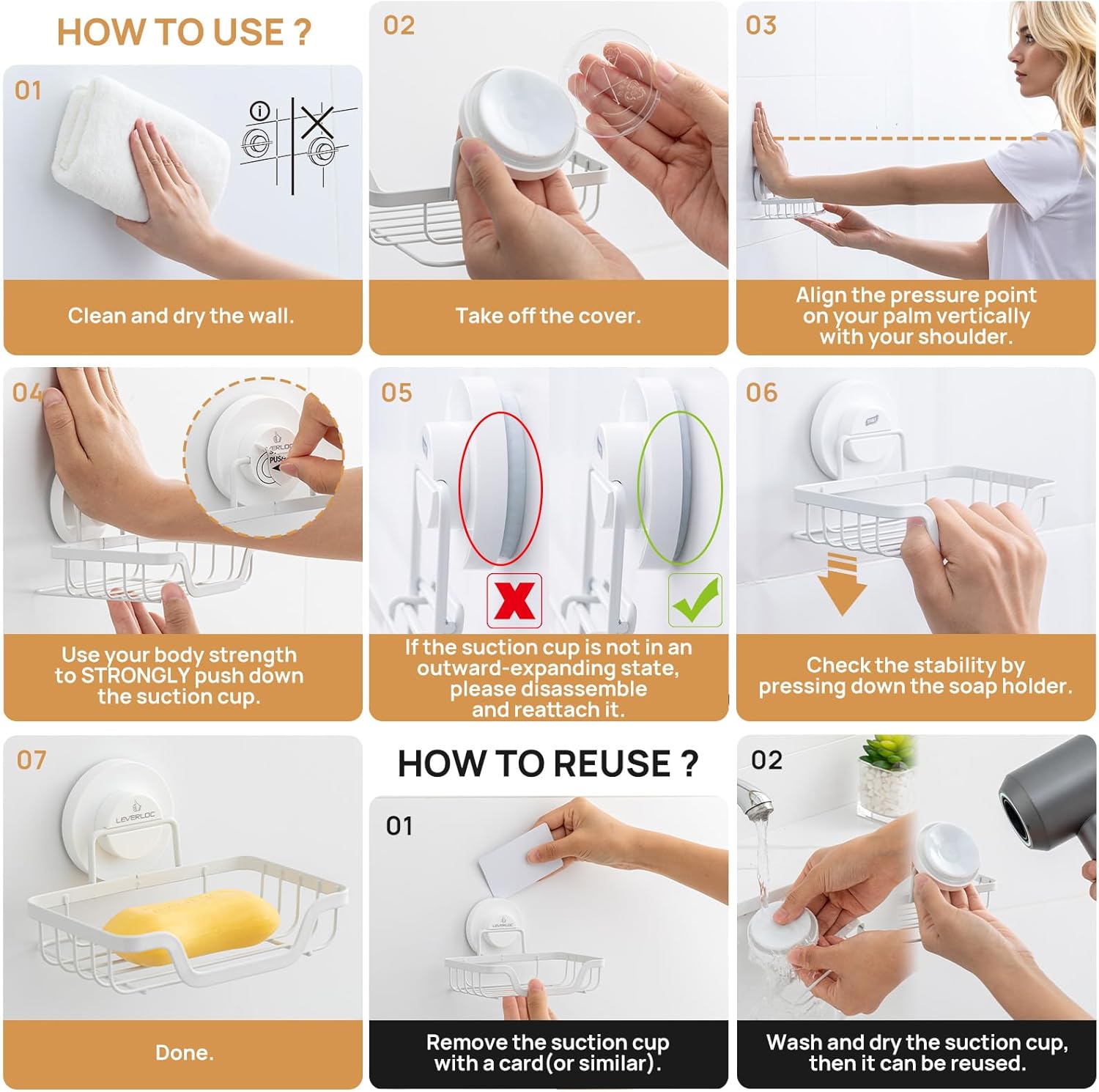 LEVERLOC Soap Dish, Soap Bar Holder for Shower Suction Cup Wall Mounted, Stainless Steel