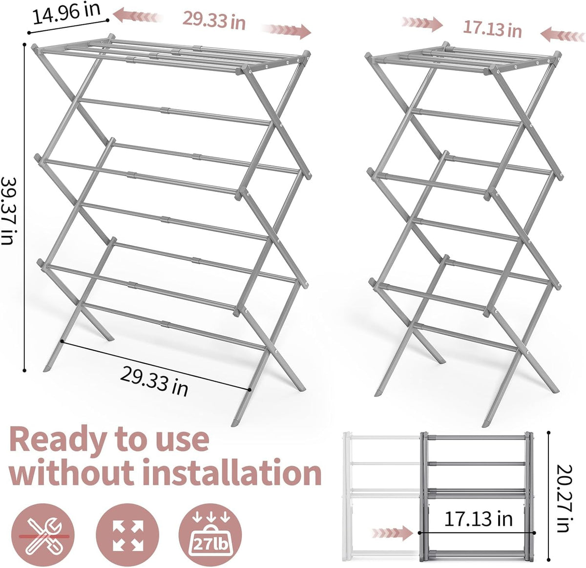 APEXCHASER Clothes Drying Rack, 3-Tier Laundry Drying Rack for Clothes, Expandable Metal Clothing