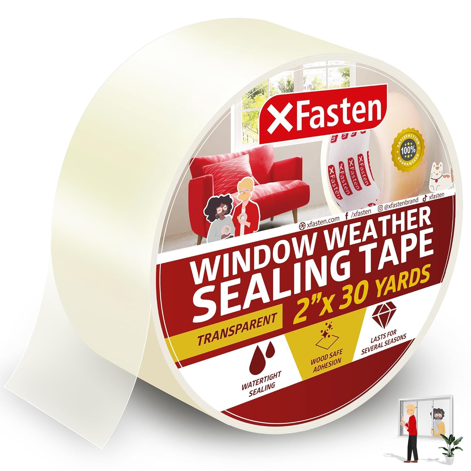 XFasten Transparent Window Weather Sealing Tape, 2-Inch x 30 Yards (50.8mm x 27.43m), Clear Window