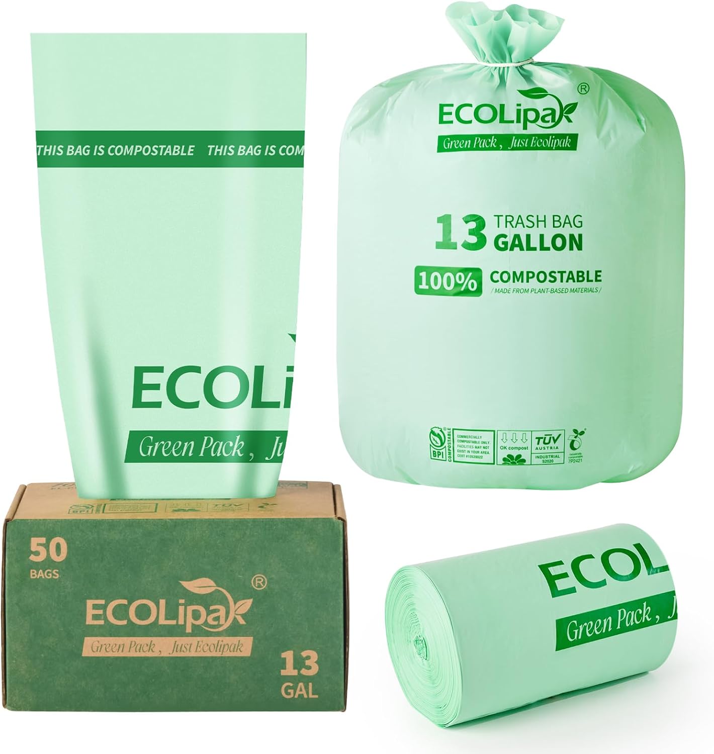 ECOLipak 13 Gallon Compostable Trash Garbage Bags, 50 Count (1 Roll) Biodegradable Heavy Duty