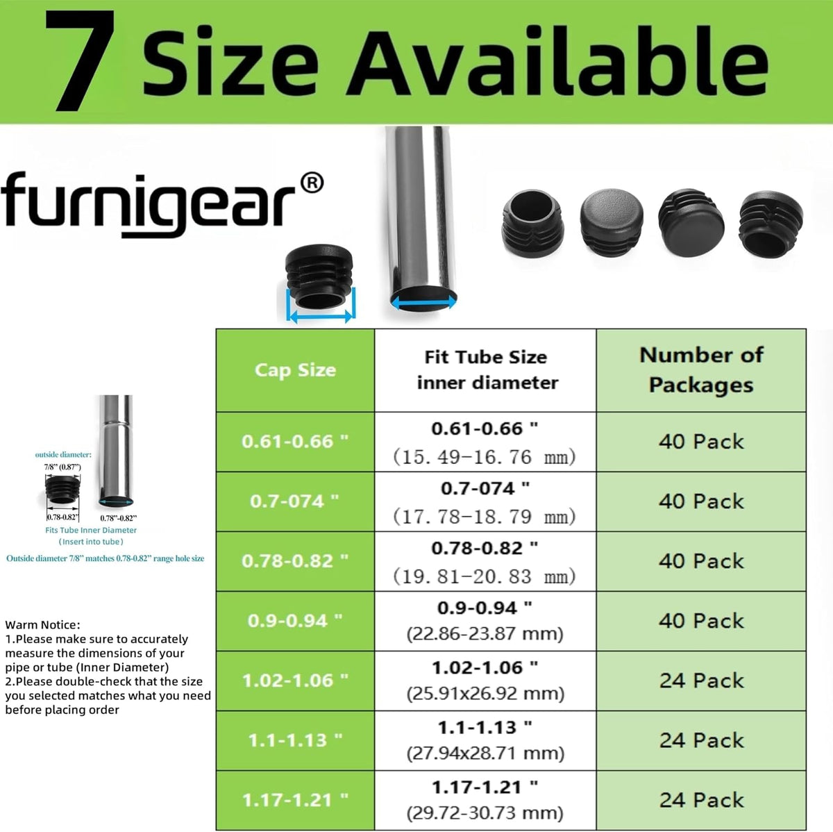 Furnigear Plastic Plugs Tubing End Caps Chair End Caps 7/8" Outside Bottom Round Tubing Caps Round