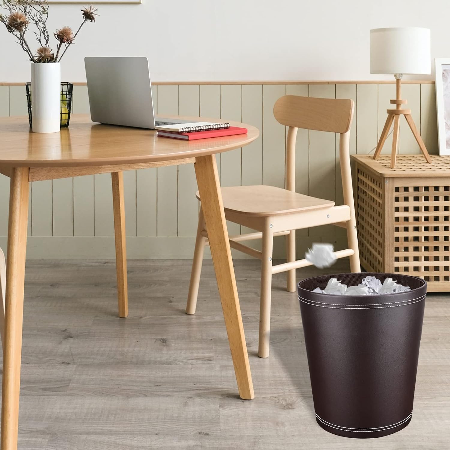 Pu Leather Trash Can for Bedroom, 2.6 Gallon Wastebasket for Office, Small Bathroom Garbage Cans