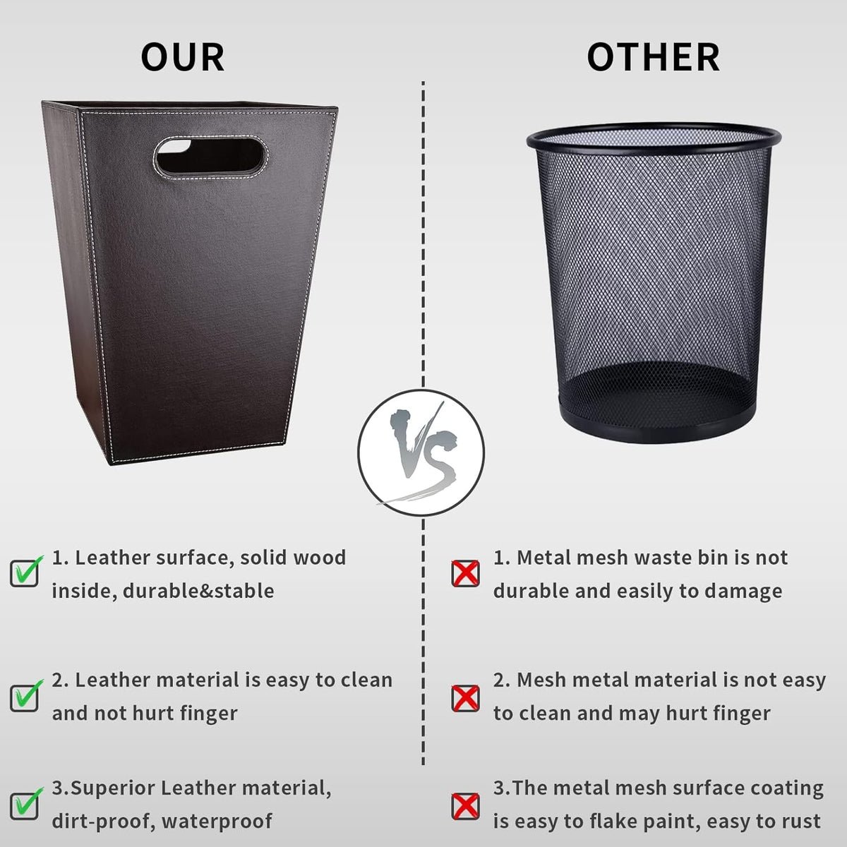 Leather Trash Can Bathroom Wastebasket, 16L/4.2 Gallon Office Garbage Can with Handles for Near