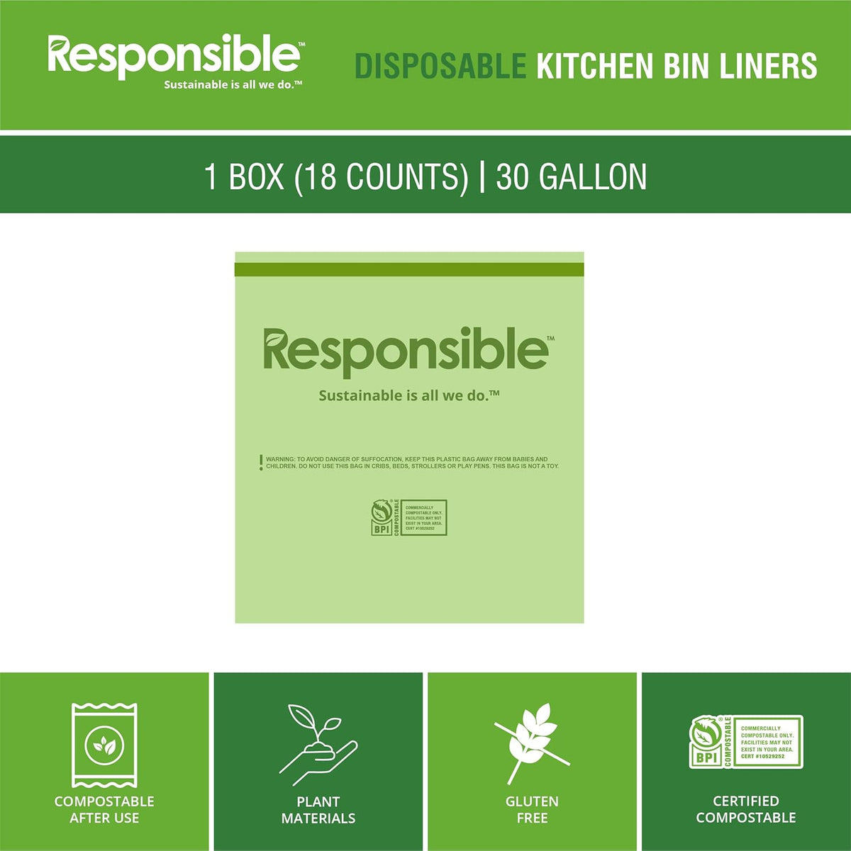 Responsible Products Kitchen Bin Liners, Certified Compostable, Heavy Duty Multipurpose Food Scrap