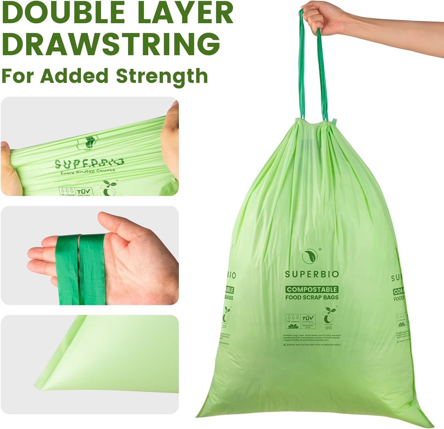 SUPERBIO 13 Gallon Compostable Drawstring Kitchen Waste Bag, 49.2 Liter, 30 Count,1 Mil, Heavy Duty