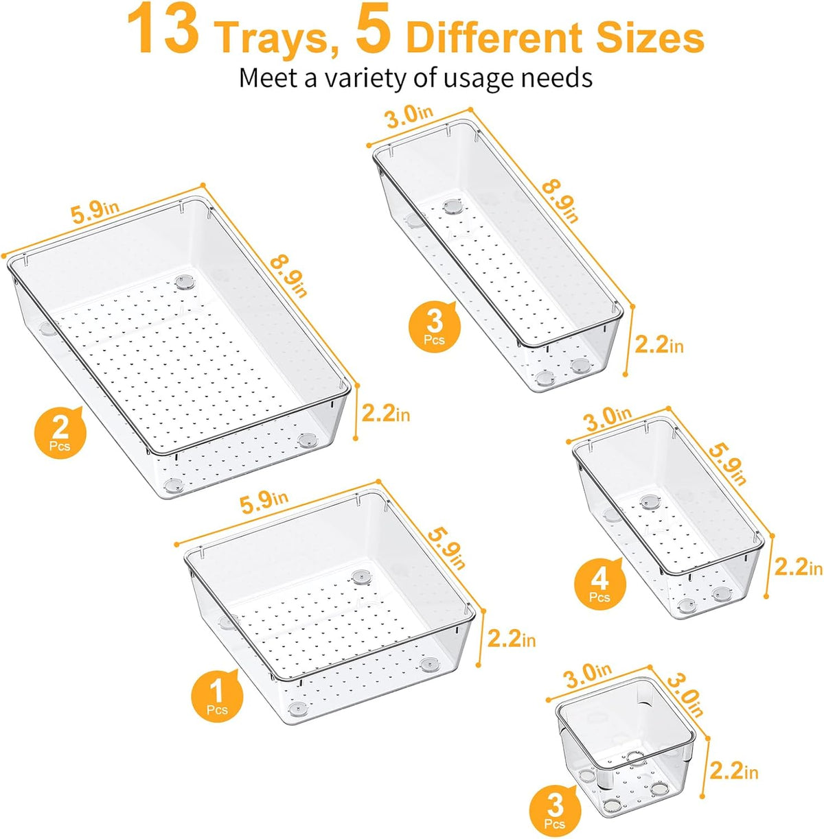 SMARTAKE 13-Piece Drawer Organizers with Non-Slip Silicone Pads, 5-Size Desk Bathroom Drawer